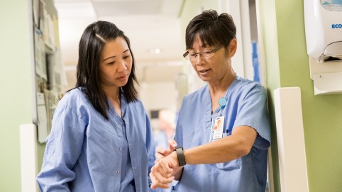 Two nurses, wearing blue scrubs, talking with each other