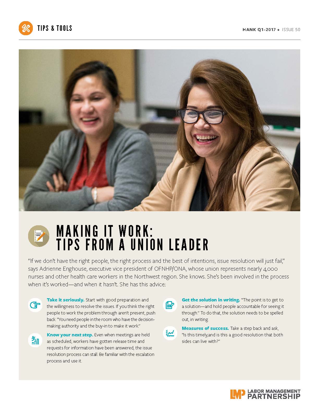 photo of two women, seated and smiling, and tip sheet text