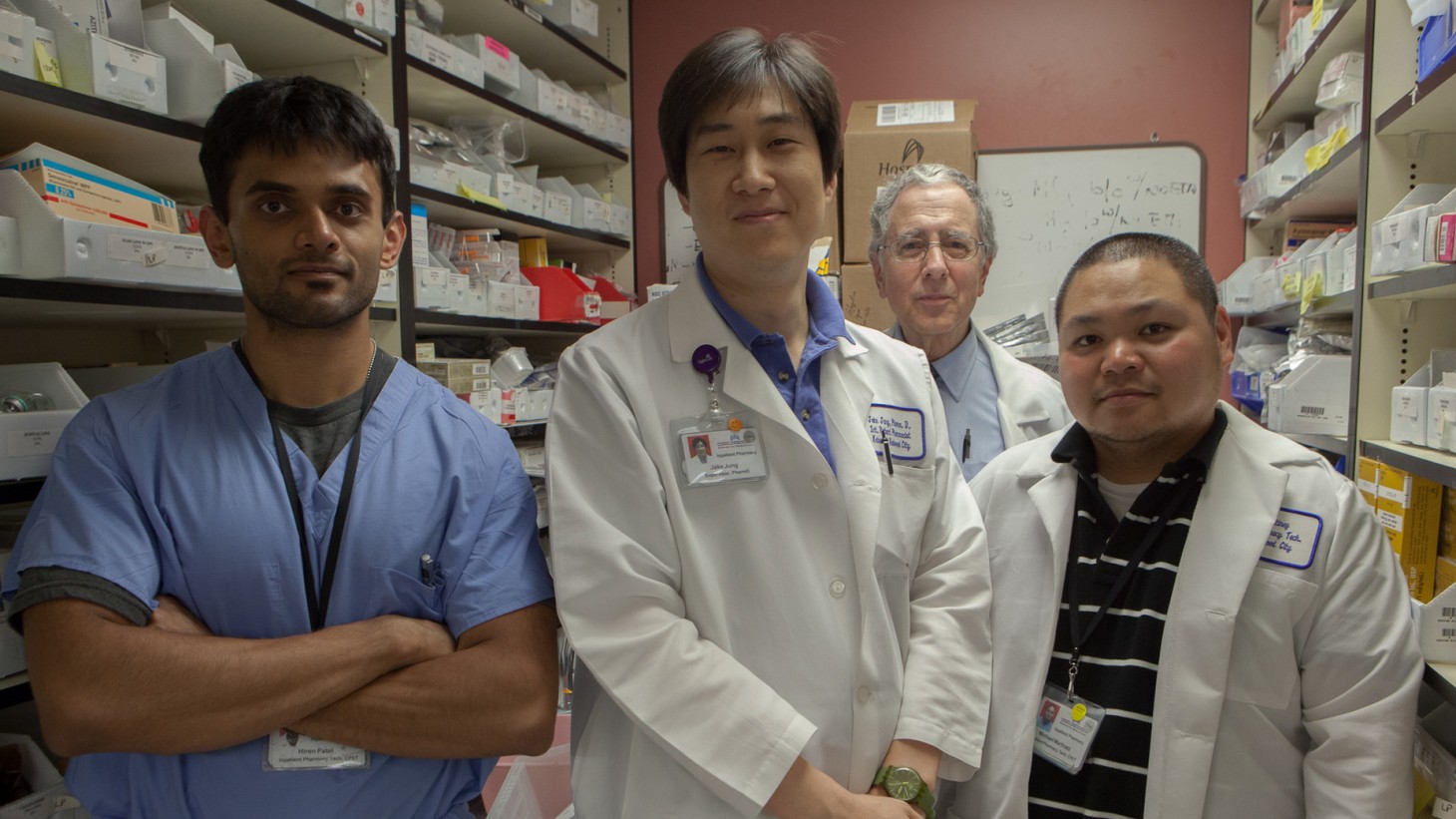 Inpatient Phamacy Tech Hirem Patel, UHW-SEIU; Inpatient Pharmacy Supervisor Jake Jung; Inpatient Pharmacy Supervisor Tedd Kimelman and Inpatient Pharmacy Tech Michael Martinez, UHW-SEIU